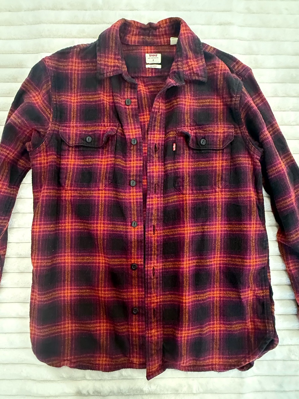 Levi's Magenta, Orange, Purple and Black Plaid Flannel Button-Down size SMALL